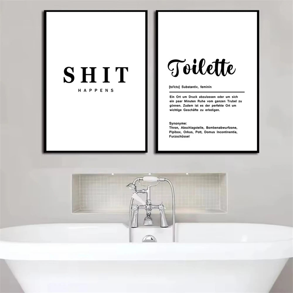 minimalist black and white funny bathroom saying quote canvas