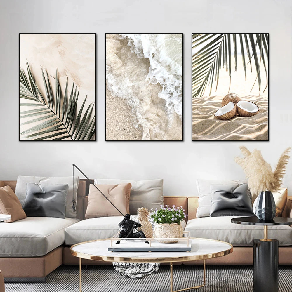 white waves on beach with palm leaves Nordic canvas wall art