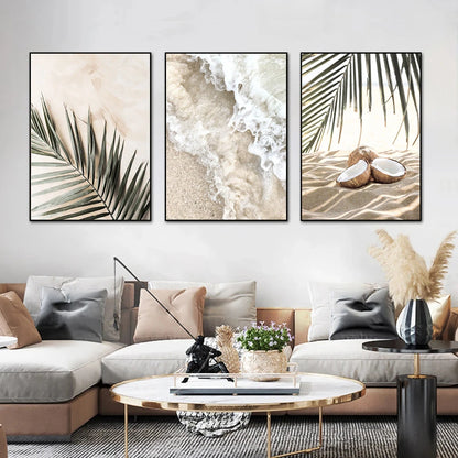 white waves on beach with palm leaves Nordic canvas wall art