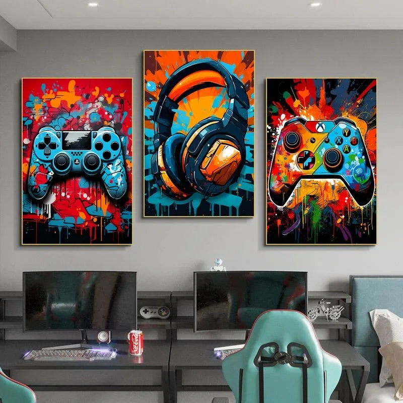 Colorful graffiti gaming controller canvas wall art