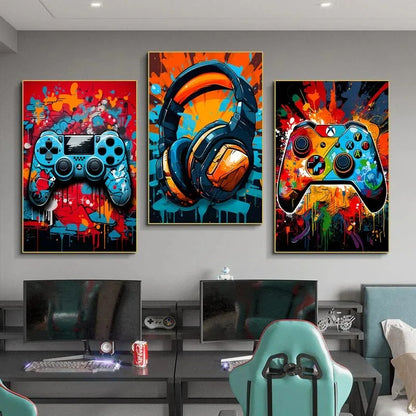 Colorful graffiti gaming controller canvas wall art