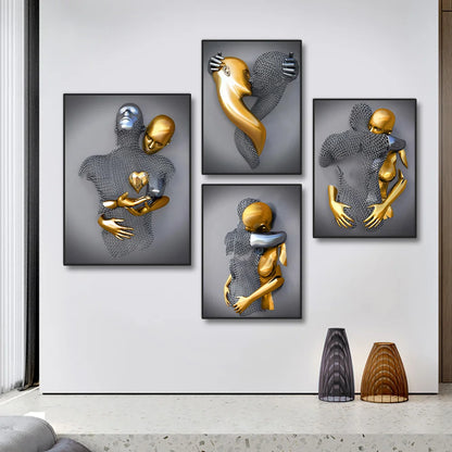 golden lovers metal statue abstract romantic canvas wall art