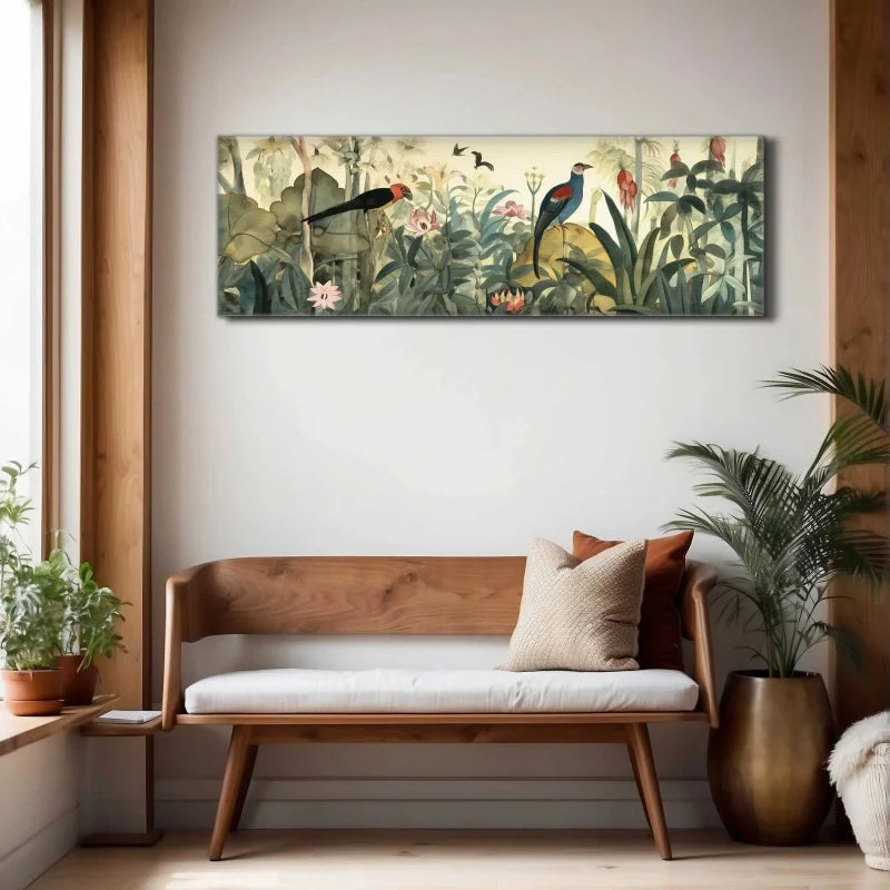 panoramic botanical floral canvas styled above a bed