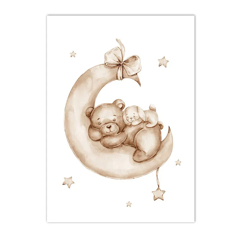 Nordic kids canvas with moon, stars, rabbit and bear