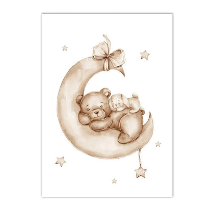 Nordic kids canvas with moon, stars, rabbit and bear