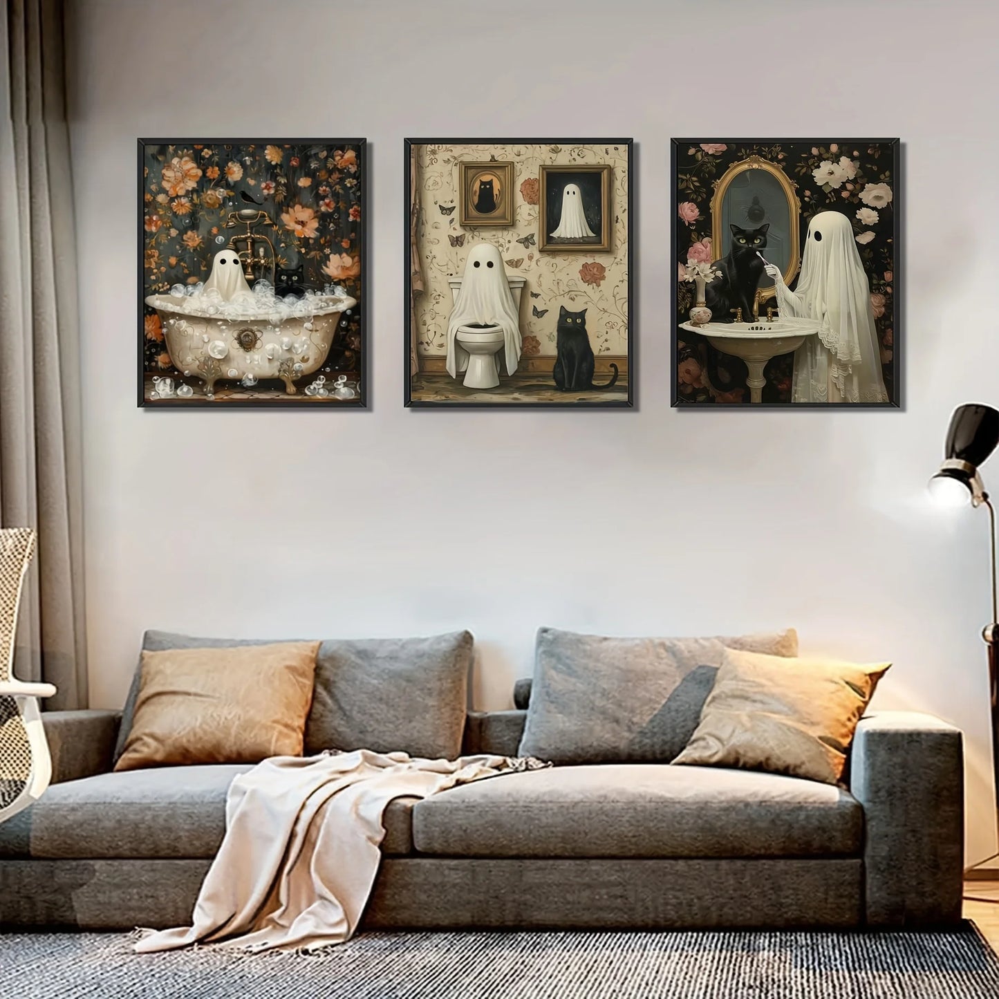three piece bathroom canvas with ghost and black cat in a bathtub