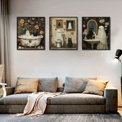 three piece bathroom canvas with ghost and black cat in a bathtub