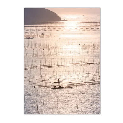 sunset lake with hut bridge and canoe among reeds Nordic canvas wall art