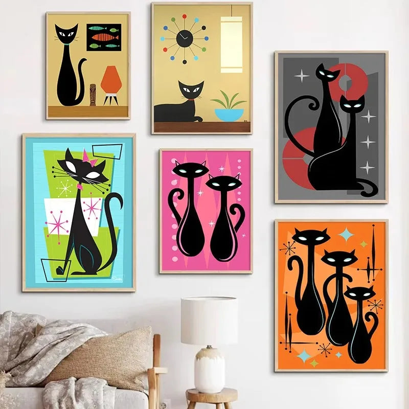 Colourful Black Cat Scenery Abstract Canvas