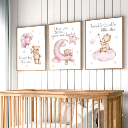 pink cartoon star moon bear nordic nursery canvas