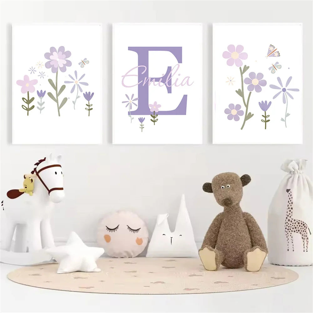 purple floral butterfly nursery canvas with custom baby name