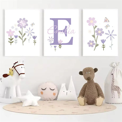 purple floral butterfly nursery canvas with custom baby name
