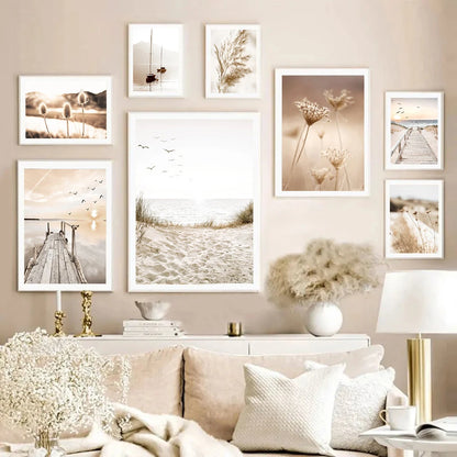 beige reed grass landscape with bridge nordic canvas