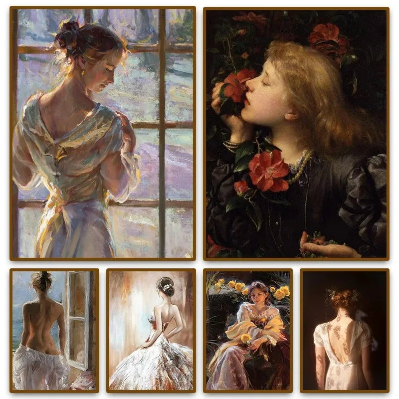 French vintage maiden with flowers portrait canvas wall art