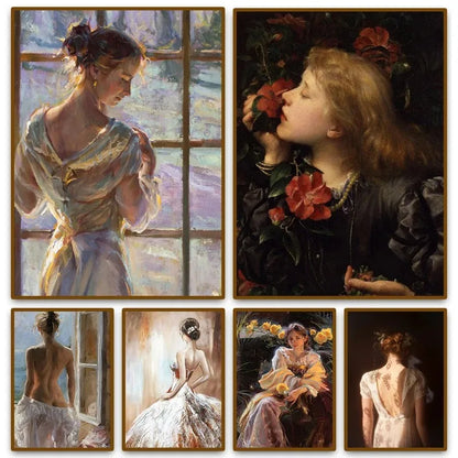 French vintage maiden with flowers portrait canvas wall art