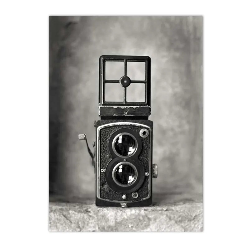 black and white vintage canvas with record camera and typewriter