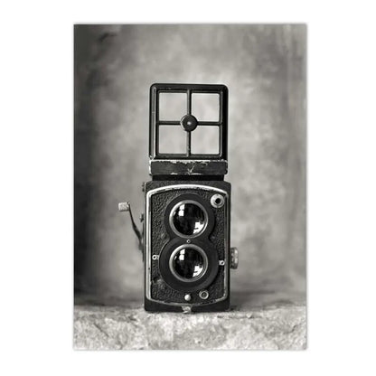 black and white vintage canvas with record camera and typewriter