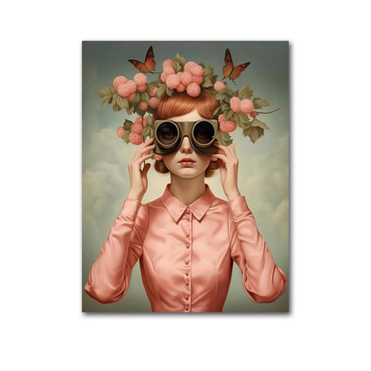boho portrait woman with glasses flowers and butterfly canvas