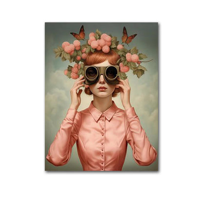 boho portrait woman with glasses flowers and butterfly canvas