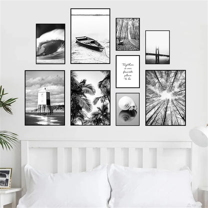black and white coastal bridge boat palm sea waves nordic canvas