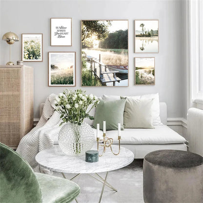 spring lake sunrise with reed grass and tree Nordic canvas wall art