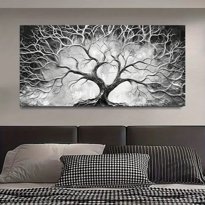 minimalist tree of life with black and white scandinavian forest canvas