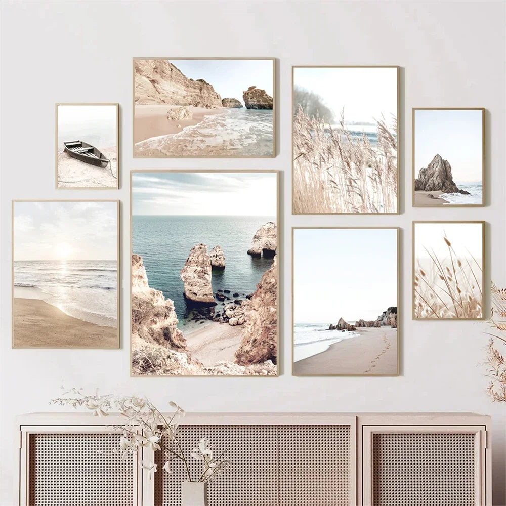 coastal beach with reef and gentle sea waves Nordic canvas wall art