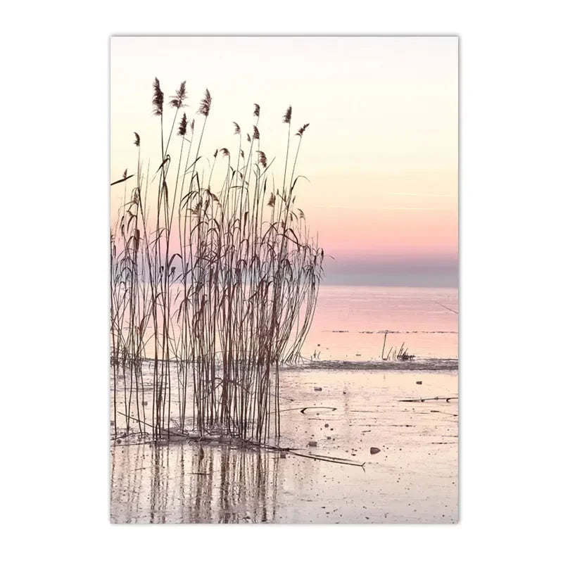 sunset lake with hut bridge and canoe among reeds Nordic canvas wall art