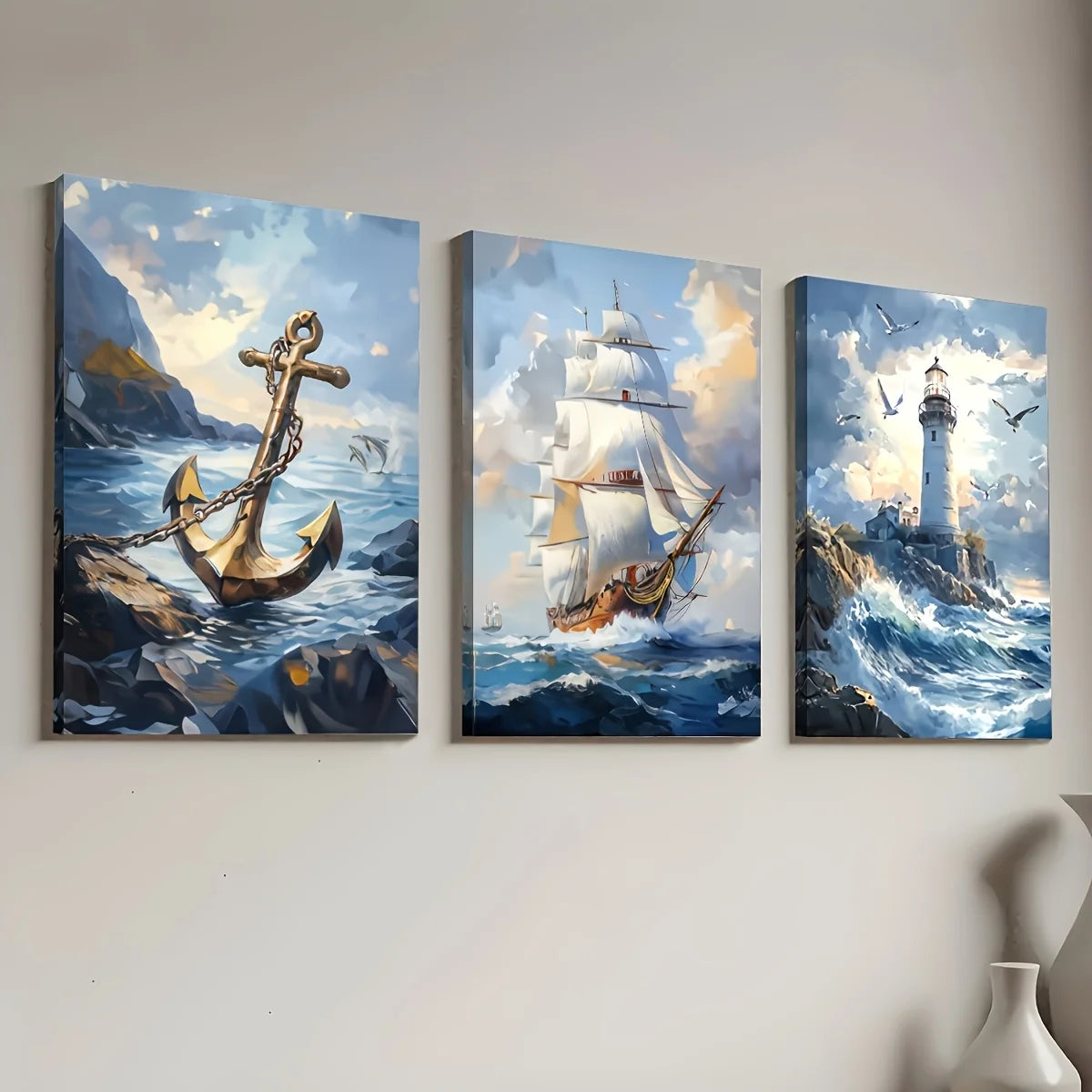 Nautical ships and anchors three-piece canvas wall art