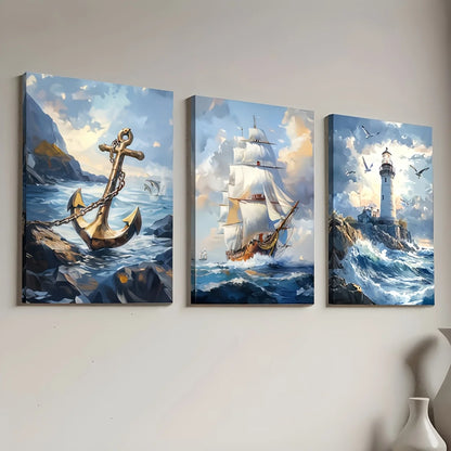 Nautical ships and anchors three-piece canvas wall art