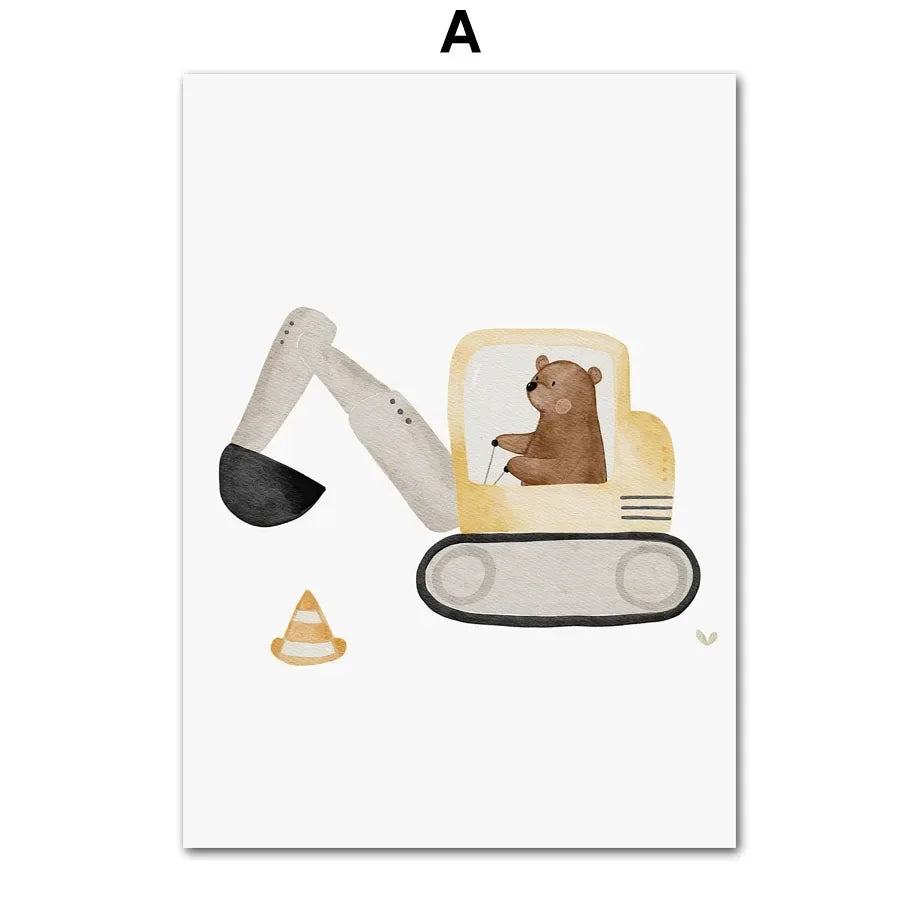 Cartoon Bear Construction Vehicle Canvas Art