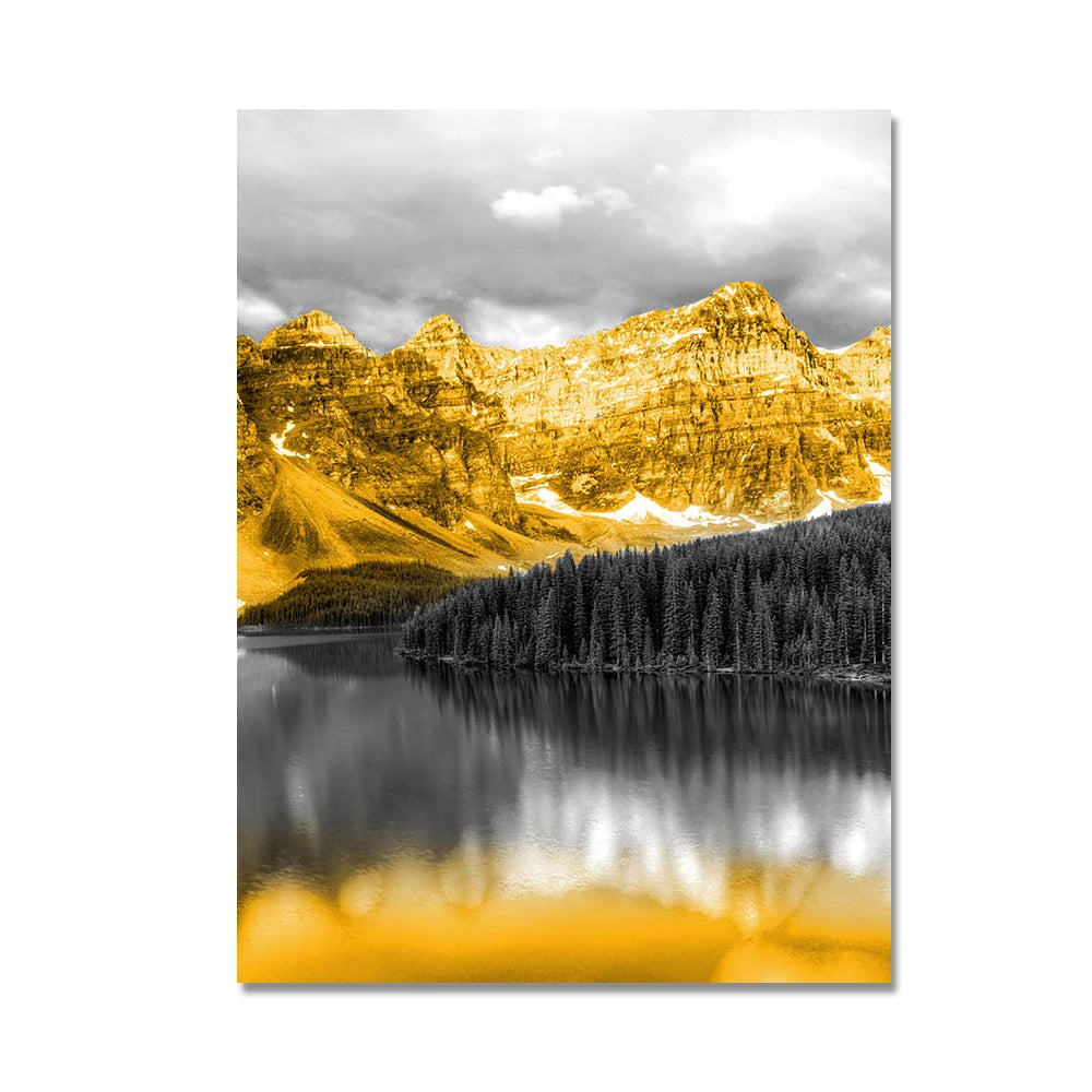 Three-piece golden snow mountain and lake landscape canvas set