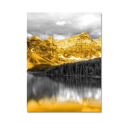 Three-piece golden snow mountain and lake landscape canvas set