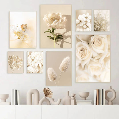 beige floral canvas with roses peonies and pampas grass