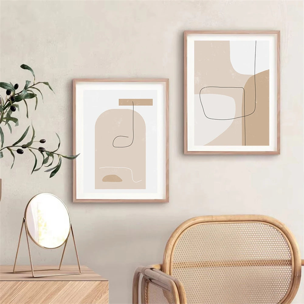beige boho geometric line art canvas wall art