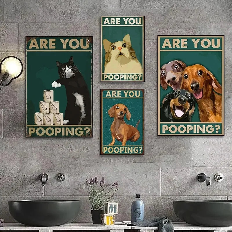 Funny cats and dogs “Are You Pooping?” bathroom canvas wall art
