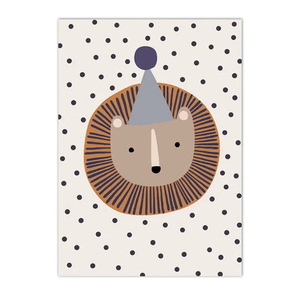 kids boho canvas with turtle bear cat lion and dinosaur under a rainbow