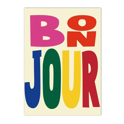 colorful “bonjour” French greeting quote canvas wall art