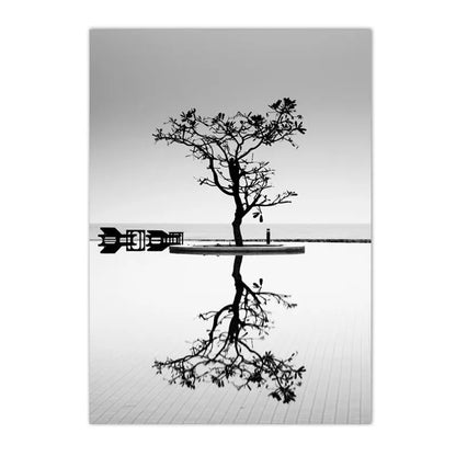 black and white Nordic landscape with mountains, lake, boat, bridge and waterfall