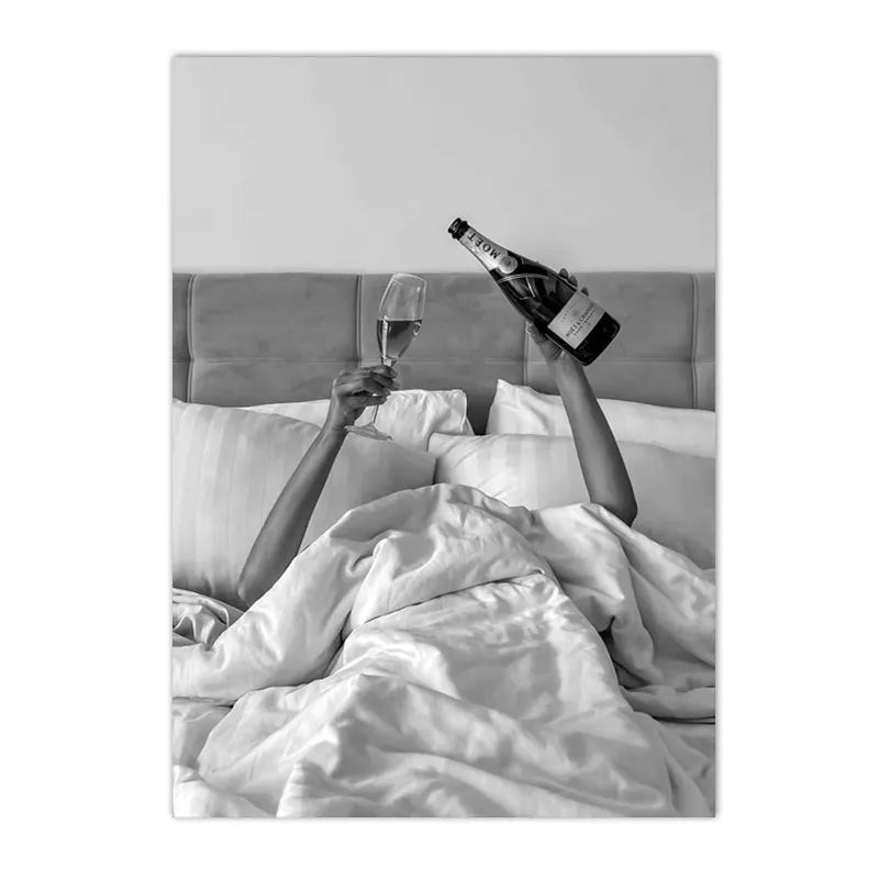 black and white fashion woman holding drink canvas wall art