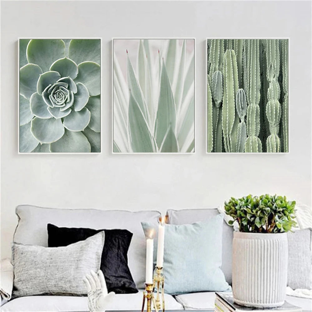 botanical canvas with succulents cactus and green leaves