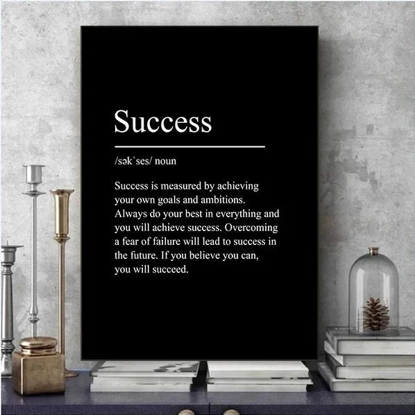 Collage of motivational posters with definitions on a decorative wall.