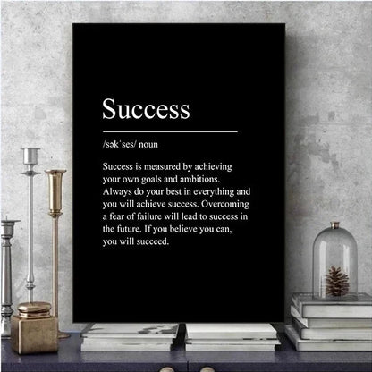 Collage of motivational posters with definitions on a decorative wall.