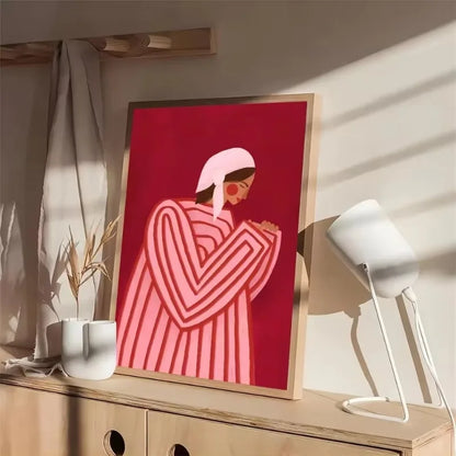 modern line art woman over red and orange striped background canvas