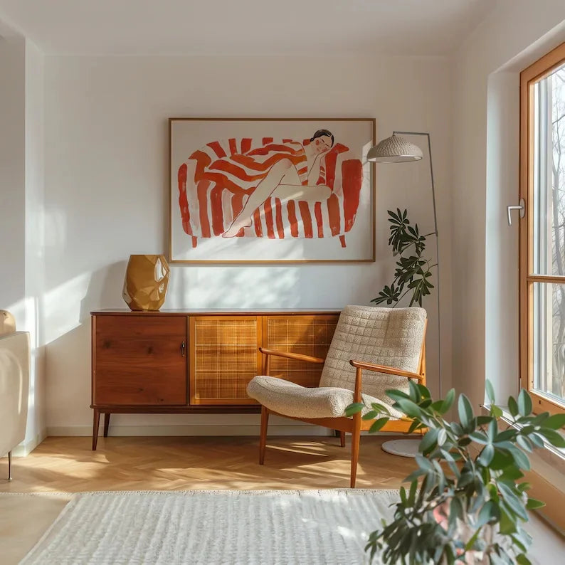 modern line art woman over red and orange striped background canvas