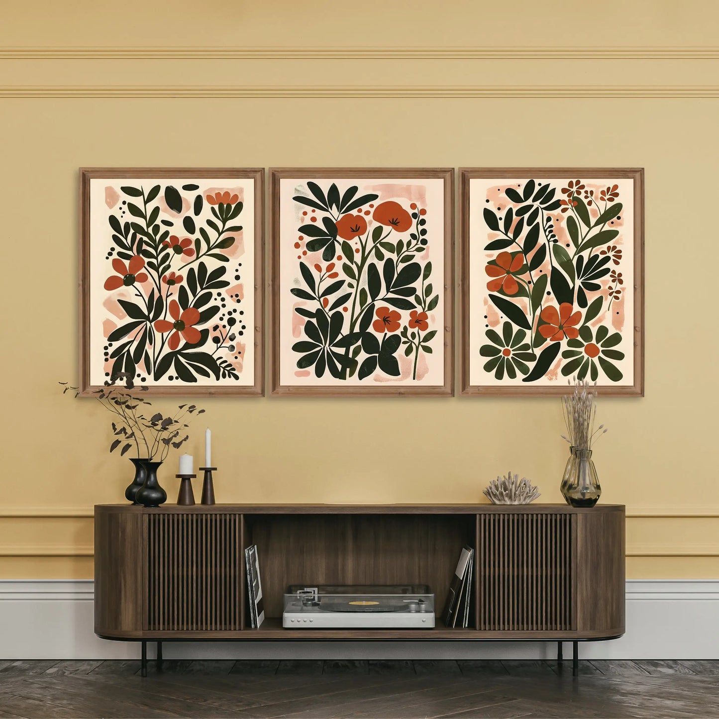 Three-piece boho abstract flower botanical canvas wall art