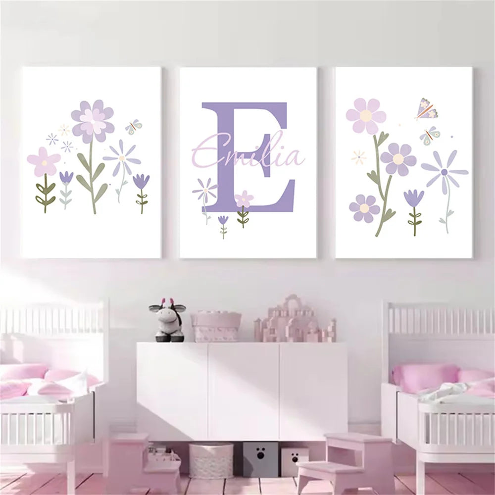 purple floral butterfly nursery canvas with custom baby name