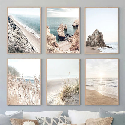 coastal beach with reef and gentle sea waves Nordic canvas wall art