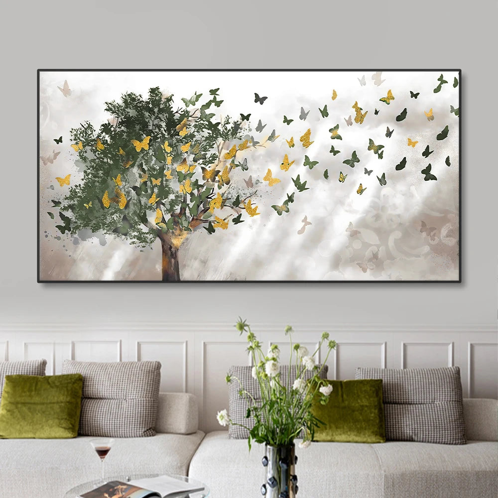 Abstract blue trees with butterfly Nordic canvas wall art