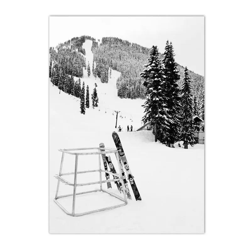 black and white winter ski scene with dog deer and snowy forest on canvas